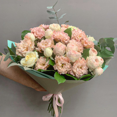 Букет "Ванильный пломбир" из кустовых пионовидных роз и эустомы N 45006 Букет "Ванильный пломбир" из кустовых пионовидных роз и эустомы N 45006