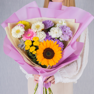 Букет в школу с подсолнухом "До свиданья, лето!" N 38164 Букет в школу с подсолнухом "До свиданья, лето!" N 38164