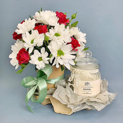 Сет "Романтичный". Набор стаканчик с цветами и аромасвечой в банке арт. 70191