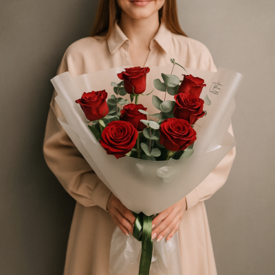 Букет из красных высоких роз Эквадор с эвкалиптом N 76723 Букет из красных высоких роз Эквадор с эвкалиптом N 76723