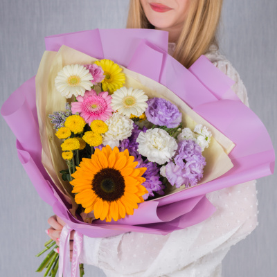 Букет в школу с подсолнухом "До свиданья, лето!" N 38164 Букет в школу с подсолнухом "До свиданья, лето!" N 38164